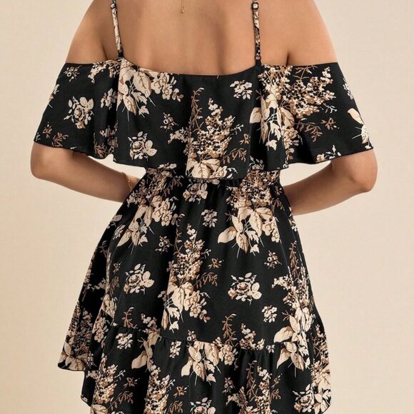 Black Boho Women's Romantic Floral & Plant Print Off Shoulder Ruffle Hem dress - Picture 2 of 7